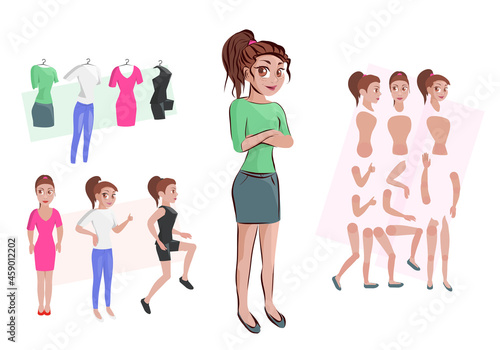 Woman character, body part different poses and clothes. Female vector art, person. Kit body parts different angles.