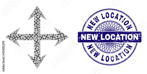 Recursion collage expand arrows and New Location round grunge stamp seal. Blue stamp includes New Location title inside circle and guilloche pattern.