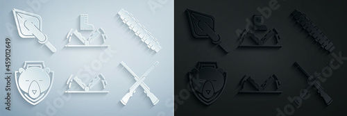 Set Trap hunting, Hunting cartridge belt with cartridges, Bear head on shield, Two crossed shotguns, and Hipster arrow tip icon. Vector