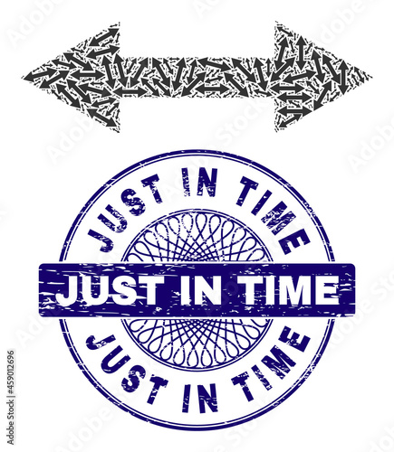 Recursive combination horizontal flip and Just in Time round scratched stamp print. Violet stamp seal includes Just in Time caption inside circle and guilloche style.