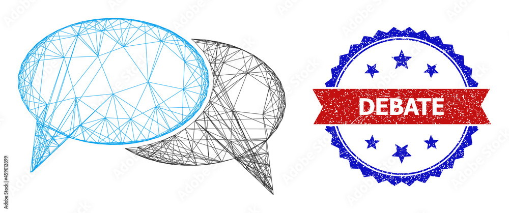 Net chat messages model icon, and bicolor textured Debate watermark. Flat model created from chat messages icon and crossed lines. Vector seal with distress bicolored style,