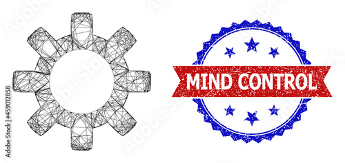 Network gearwheel model icon, and bicolor scratched Mind Control seal. Flat structure created from gearwheel icon and crossed lines. Vector imprint with scratched bicolored style,