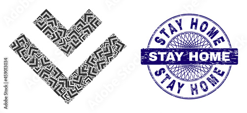 Recursion collage shift down and Stay Home round rubber stamp seal. Blue seal includes Stay Home tag inside circle and guilloche style.