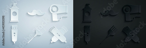 Set Hairbrush, dryer, Electrical hair clipper or shaver, Crossed electrical, Mustache and Shaving gel foam icon. Vector