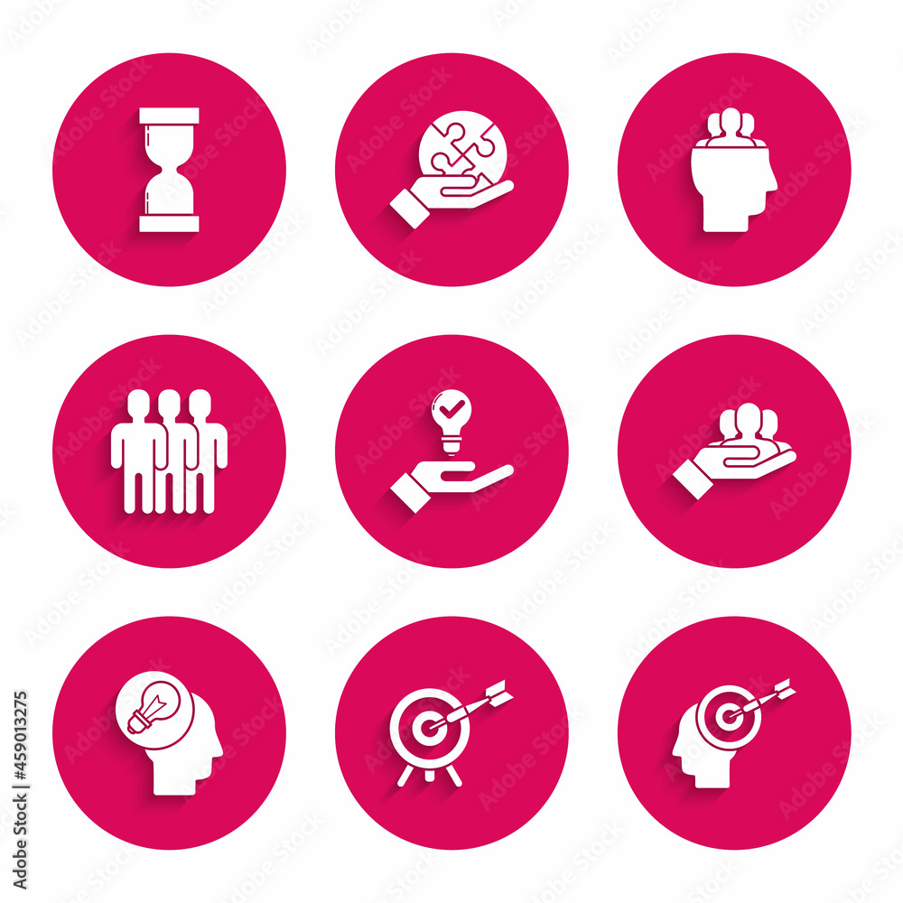 Set Light bulb in hand, Target with arrow, Head hunting concept, Project team base, Human head lamp, Users group, and Old hourglass flowing sand icon. Vector Set Light bulb in hand, Target with arrow, Head hunting concept, Project team base, Human head lamp, Users group, and Old hourglass flowing sand icon. Vector
