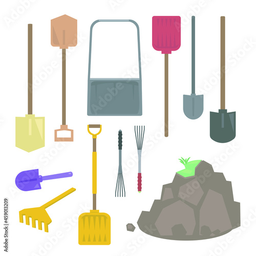 Set of colored vector shovels, soil and garden tools isolated on white background