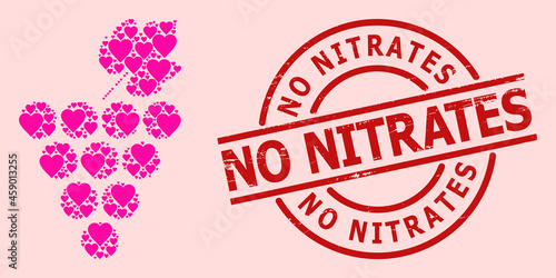Textured No Nitrates stamp seal, and pink love heart mosaic for grapes bunch. Red round seal includes No Nitrates text inside circle. Grapes bunch collage is organized with pink wedding symbols.
