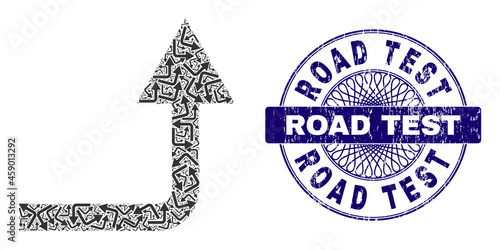 Recursive collage turn forward and Road Test round corroded seal. Violet stamp seal includes Road Test tag inside circle and guilloche structure.