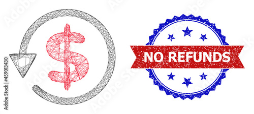 Mesh net dollar refund model icon, and bicolor unclean No Refunds seal stamp. Flat mesh created from dollar refund pictogram and crossing lines. Vector seal with corroded bicolored style,