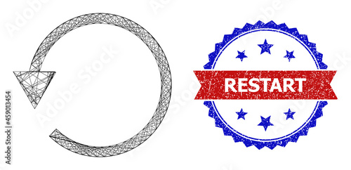 Crossing mesh rotate CCW carcass icon, and bicolor textured Restart watermark. Flat structure created from rotate CCW pictogram and crossing lines. Vector watermark with grunge bicolored style,
