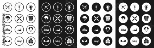 Set Aqualung, Ski and sticks, Helmet, Rubber flippers for swimming, Bicycle, Parachute and on street ramp icon. Vector
