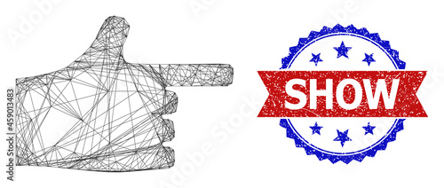 Crossing mesh index finger carcass icon, and bicolor rubber Show seal. Flat mesh created from index finger icon and crossed lines. Vector watermark with corroded bicolored style,