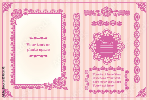 アンティークなお花レースのフレーム、リボン素材セット。ベクター素材。