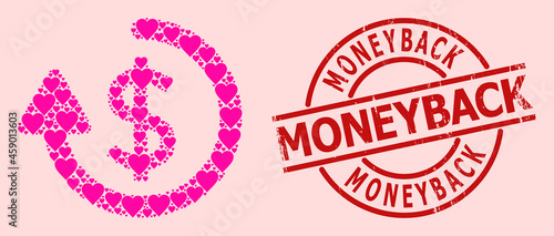 Rubber Moneyback stamp, and pink love heart pattern for refund. Red round stamp has Moneyback tag inside circle. Refund collage is composed from pink romantic icons.