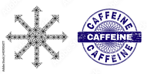 Recursion collage radial arrows and Caffeine round dirty stamp seal. Violet stamp includes Caffeine text inside circle and guilloche style.