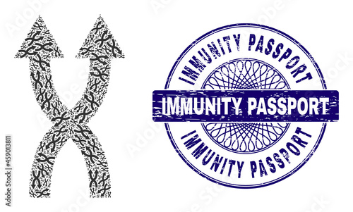 Recursive combination shuffle arrows up and Immunity Passport round dirty seal. Violet seal includes Immunity Passport title inside circle and guilloche ornament.