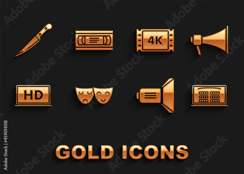 Set Comedy and tragedy theatrical masks, Megaphone, Buy cinema ticket online, Movie spotlight, Laptop screen with HD video technology, 4k movie, tape, frame, Knife and VHS cassette icon. Vector