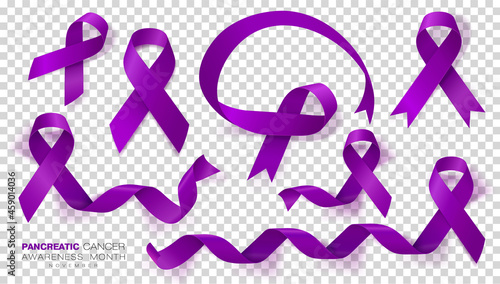 Pancreatic Cancer Awareness Month. Purple Color Ribbon Isolated On Transparent Background. Set