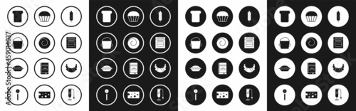 Set Cereals with rice, wheat, corn, oats, rye, Roll bun cinnamon, Bakery bowl dough, Bread toast, Oven, Muffin, Croissant and Homemade pie icon. Vector