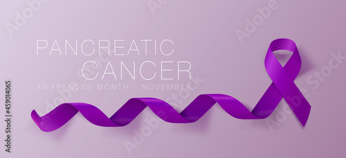 Pancreatic Cancer Awareness Calligraphy Poster Design. Realistic Purple Ribbon.