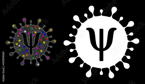 Bright mesh Psi virus strain constellation icon with lightspots. Illuminated vector constellation based on Psi virus strain icon. Sparkle carcass mesh Psi virus strain on a black background.