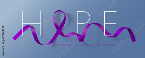 Hope. Pancreatic Cancer Awareness Calligraphy Poster Design. Realistic Purple Ribbon.