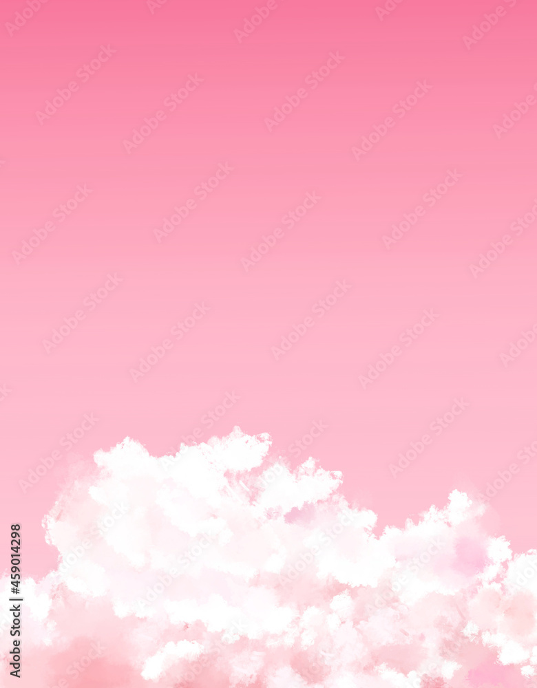 背景素材　水彩絵具で描いた空と雲　風景　ピンク
