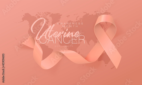 Uterine Cancer Awareness Calligraphy Poster Design. Realistic Peach Ribbon.