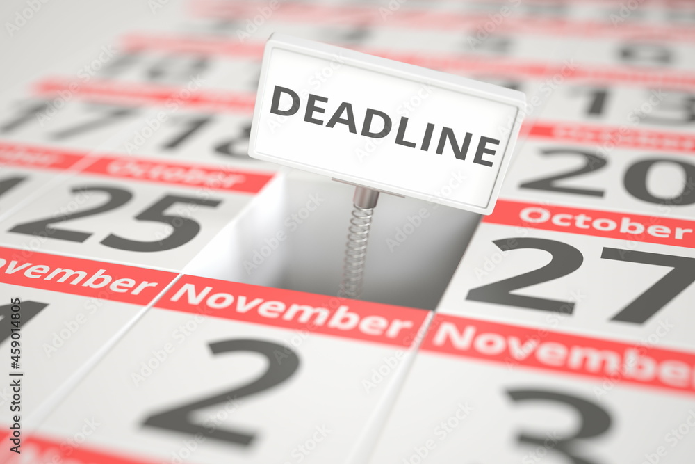 DEADLINE plate on October 26 in a calendar, conceptual 3d rendering DEADLINE plate on October 26 in a calendar, conceptual 3d rendering