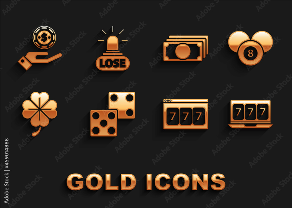 Set Game dice, Billiard pool snooker 8 ball, Online slot machine with lucky sevens jackpot, Four leaf clover, Stacks paper money cash, Hand holding casino chips and Casino losing icon. Vector Set Game dice, Billiard pool snooker 8 ball, Online slot machine with lucky sevens jackpot, Four leaf clover, Stacks paper money cash, Hand holding casino chips and Casino losing icon. Vector