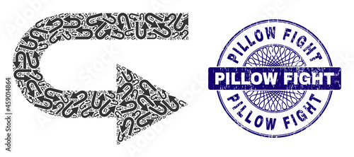 Recursion mosaic turn right and Pillow Fight round textured seal. Violet seal includes Pillow Fight text inside circle and guilloche ornament.