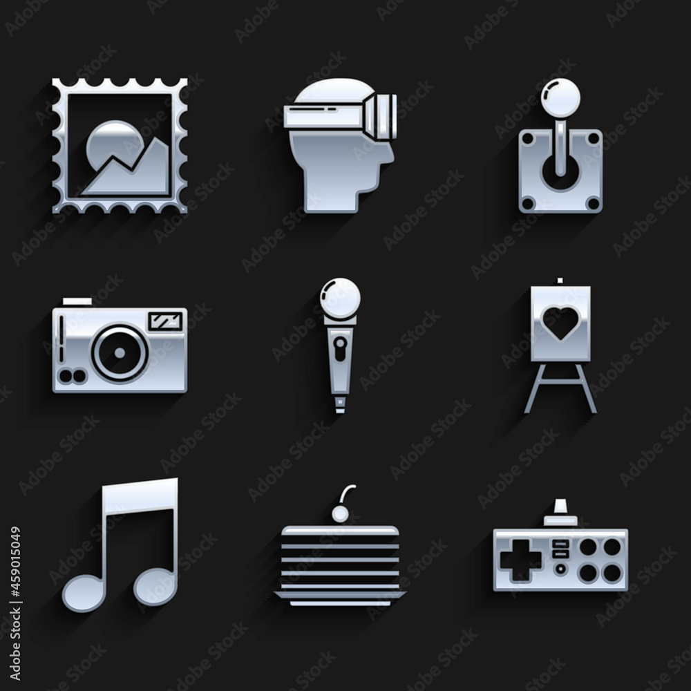 Set Microphone, Cake, Gamepad, Wood easel or painting art boards, Music note, tone, Photo camera, Joystick for arcade machine and Picture landscape icon. Vector Set Microphone, Cake, Gamepad, Wood easel or painting art boards, Music note, tone, Photo camera, Joystick for arcade machine and Picture landscape icon. Vector