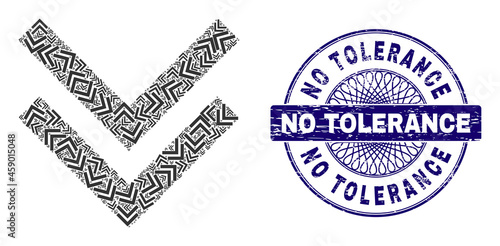 Recursion collage shift down and No Tolerance round scratched stamp seal. Violet stamp seal includes No Tolerance title inside circle and guilloche technique.