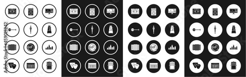 Set Video recorder or editor software on monitor, Banjo, Retro audio cassette tape, Metronome with pendulum in motion, Music MP3 player, equalizer and Musical instrument accordion icon. Vector