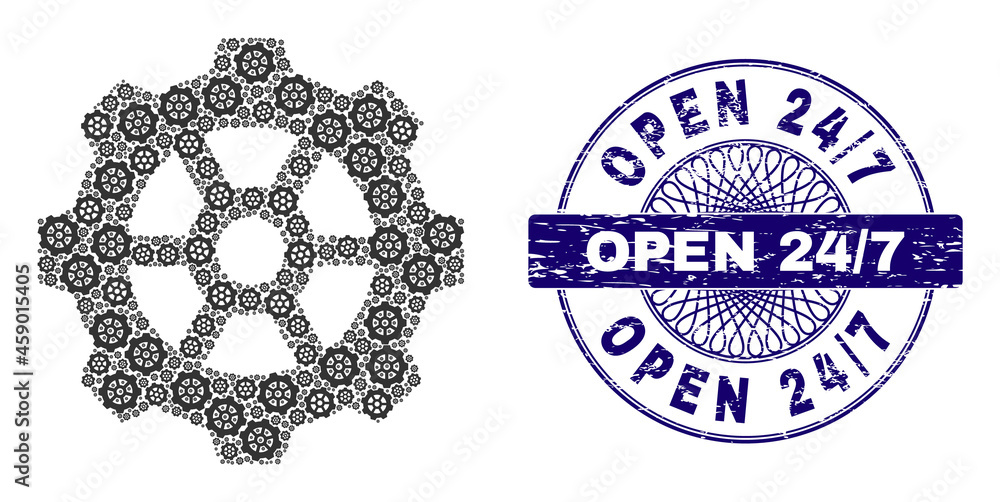 Gear Pattern Stamp Vecteur Stock Recursive collage gear and Open 24/7 round scratched ...
