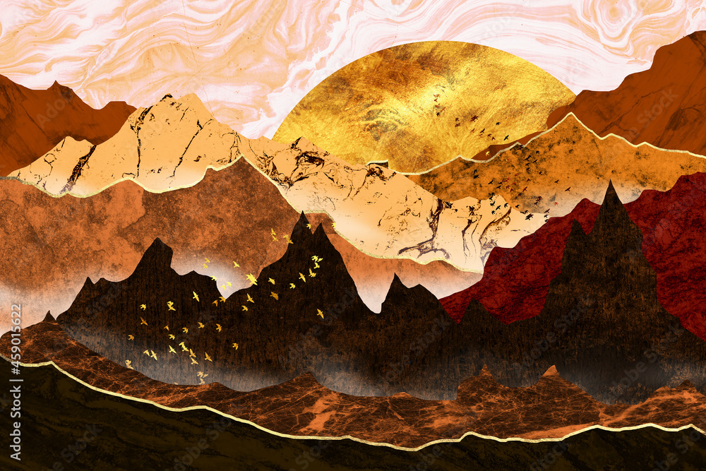 The dark golden mountains by sunset
