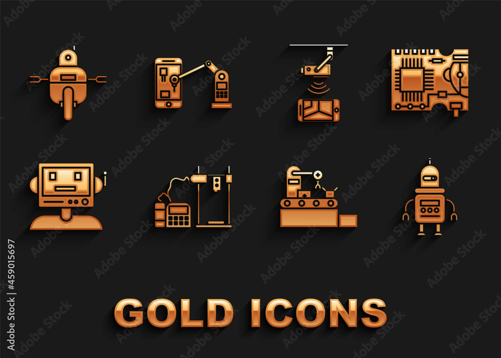 Set 3D printer, Printed circuit board PCB, Robot, Factory conveyor system belt, Wireless Controlling CCTV security camera, and Industrial machine robotic robot arm hand icon. Vector Set 3D printer, Printed circuit board PCB, Robot, Factory conveyor system belt, Wireless Controlling CCTV security camera, and Industrial machine robotic robot arm hand icon. Vector