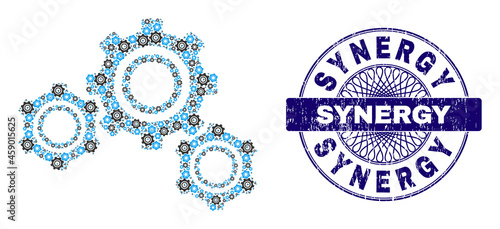 Recursive collage gears and Synergy round unclean stamp print. Violet stamp includes Synergy tag inside circle and guilloche pattern. Vector collage is made of scattered rotated gears elements.