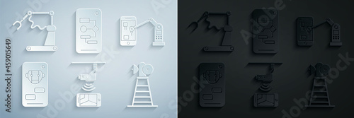 Set Wireless Controlling CCTV security camera, Industrial machine robotic robot arm hand, Bot, Antenna, Algorithm and factory icon. Vector