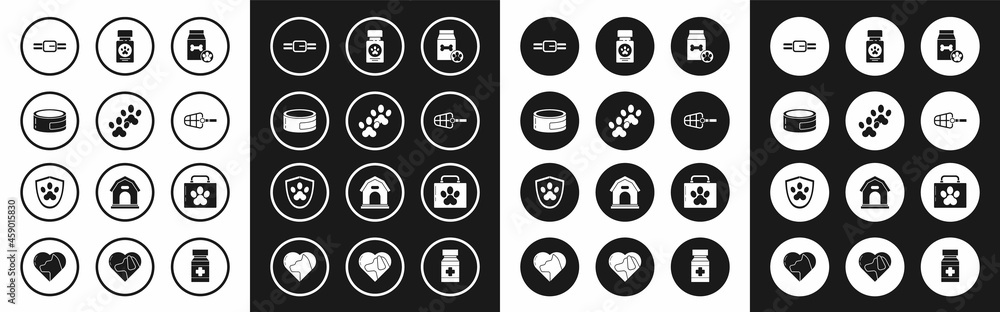 Set Bag of food for pet, Paw print, Canned, Collar with name tag, Dog muzzle, medicine bottle and pills, Pet first aid kit and Animal health insurance icon. Vector Set Bag of food for pet, Paw print, Canned, Collar with name tag, Dog muzzle, medicine bottle and pills, Pet first aid kit and Animal health insurance icon. Vector