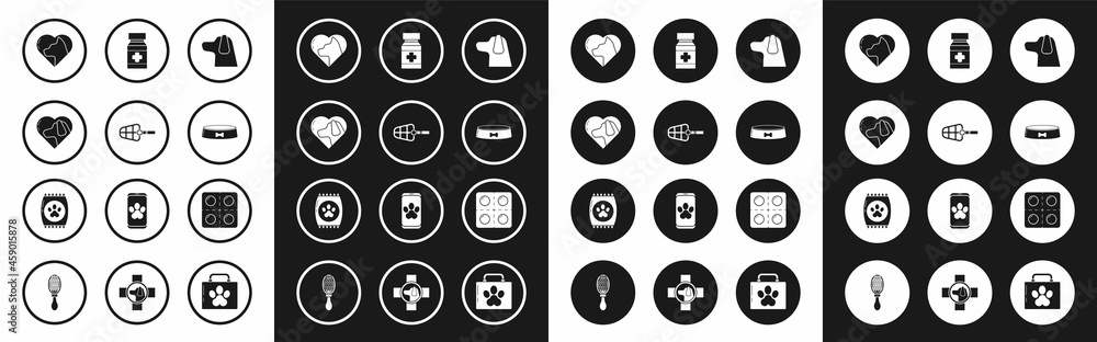 Set Dog, muzzle, Heart with dog, cat, Pet food bowl, medicine bottle and pills, and Bag of for pet icon. Vector Set Dog, muzzle, Heart with dog, cat, Pet food bowl, medicine bottle and pills, and Bag of for pet icon. Vector