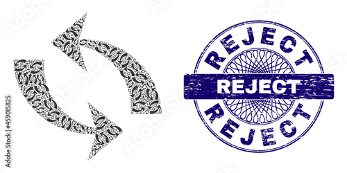 Recursion collage refresh and Reject round dirty stamp imitation. Violet stamp seal includes Reject title inside circle and guilloche structure.