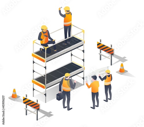 Construction workers using scaffolding