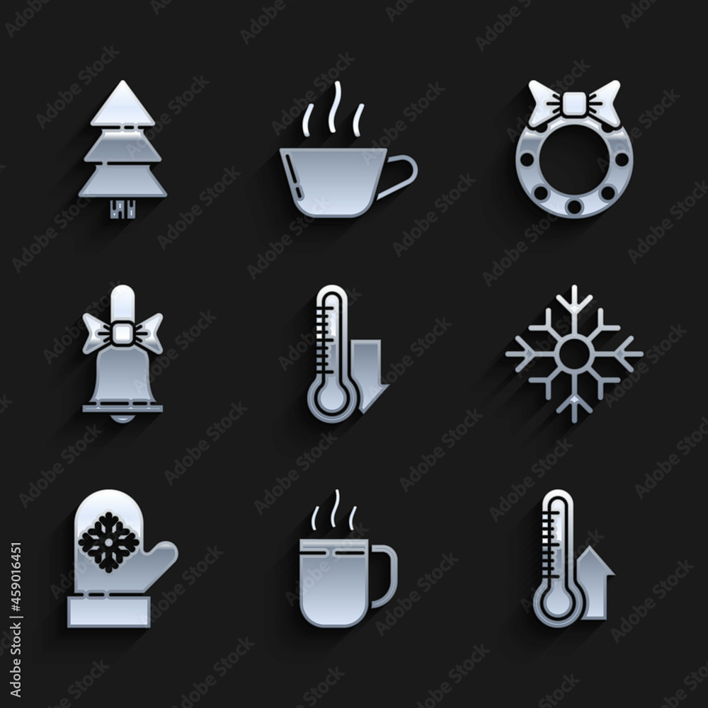Set Meteorology thermometer measuring, Coffee cup, Snowflake, Christmas mitten, Merry ringing bell, wreath and tree icon. Vector