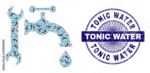 Recursive mosaic plumbing and Tonic Water round textured stamp imitation. Violet stamp includes Tonic Water caption inside circle and guilloche technique.