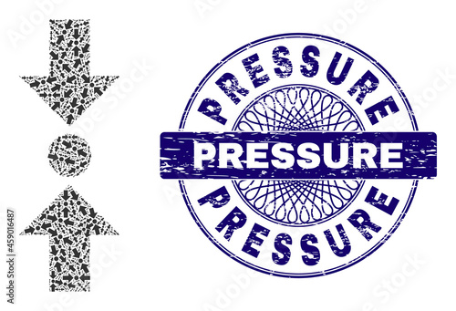 Recursive collage pressure vertical and Pressure round scratched stamp seal. Blue stamp seal includes Pressure tag inside circle and guilloche decoration.