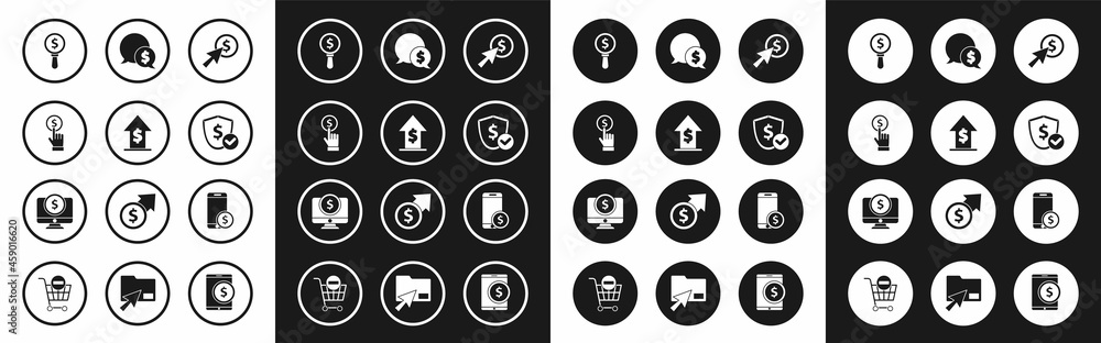 Set Cursor and coin, Financial growth, Hand holding, Magnifying glass dollar, Shield with, Speech bubble, Smartphone and Computer monitor icon. Vector