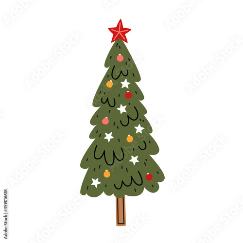 Christmas tree decorated with glass baubles. Christmas vector illustration