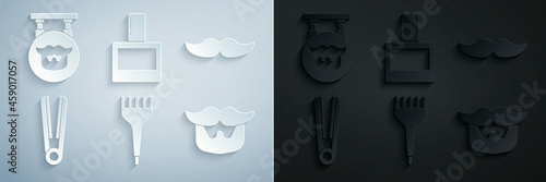 Set Hairbrush, Mustache, Curling iron for hair, and beard, Aftershave and Barbershop icon. Vector