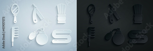 Set Aftershave bottle with atomizer, Shaving brush, Hairbrush, Towel, Straight razor and Hand mirror icon. Vector